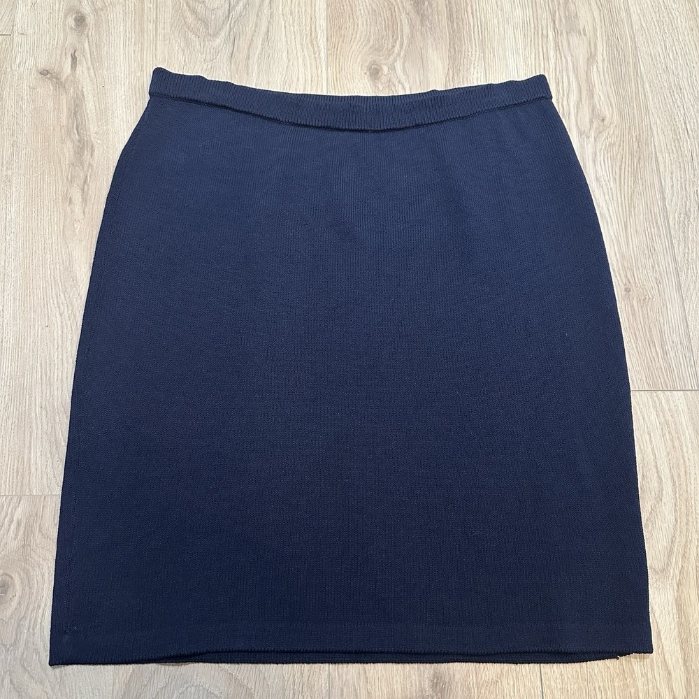 ST. JOHN Santana Straight Knit Knee Skirt 14 Black Elastic Waist Navy Blue
